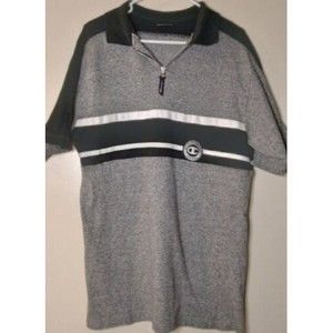 Vintage Champion Zip Polo T-Shirt- Striped Black/Grey Mens XXL